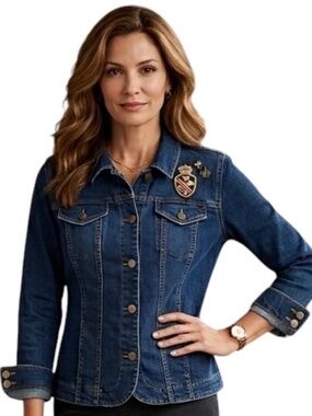 Charter Club Women's Denim Jacket with Heraldic Emblem — Size L